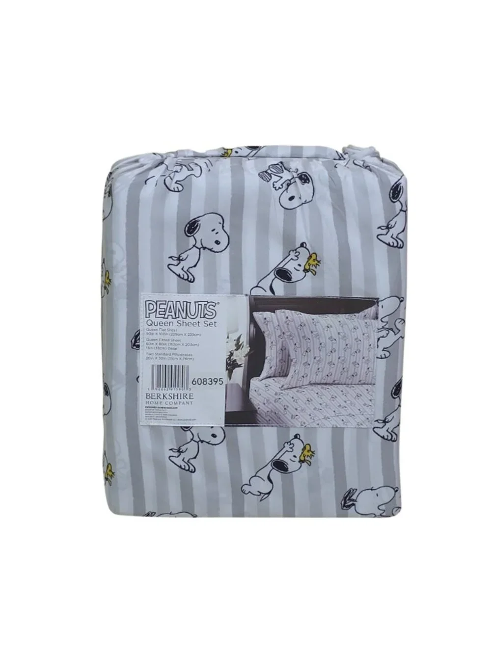 Peanuts Queen Sheet Set By Berkshire Snoopy & Woodstock Gray & White Stripes